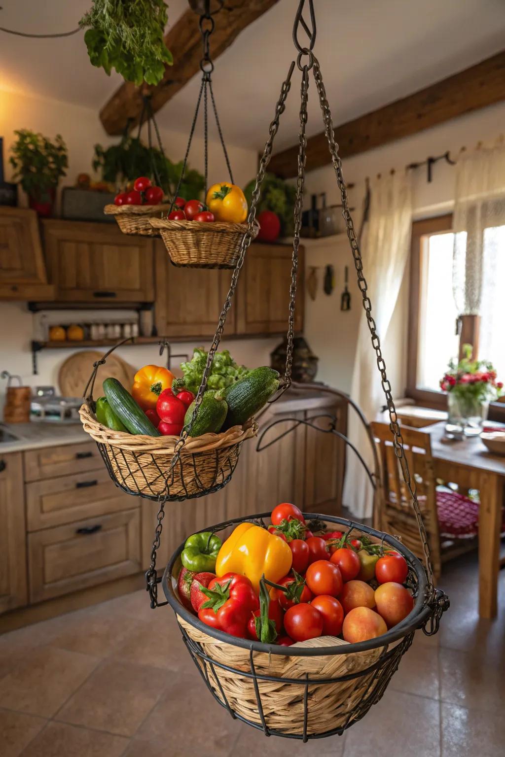 Hanging baskets free up counter space while adding charm.