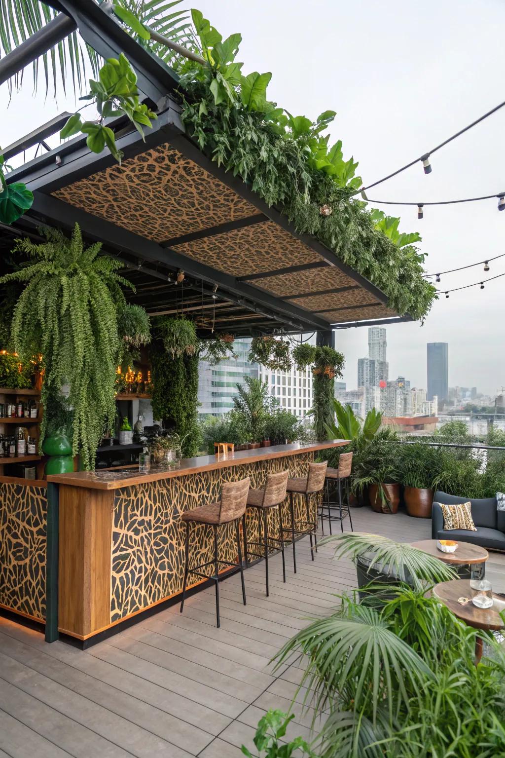 An urban jungle pergola bar, bringing the wilderness to your backyard.