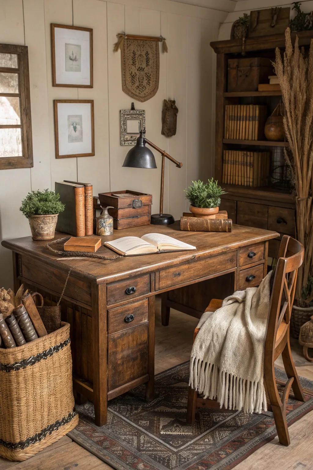 A design mix creates a unique farmhouse office atmosphere.