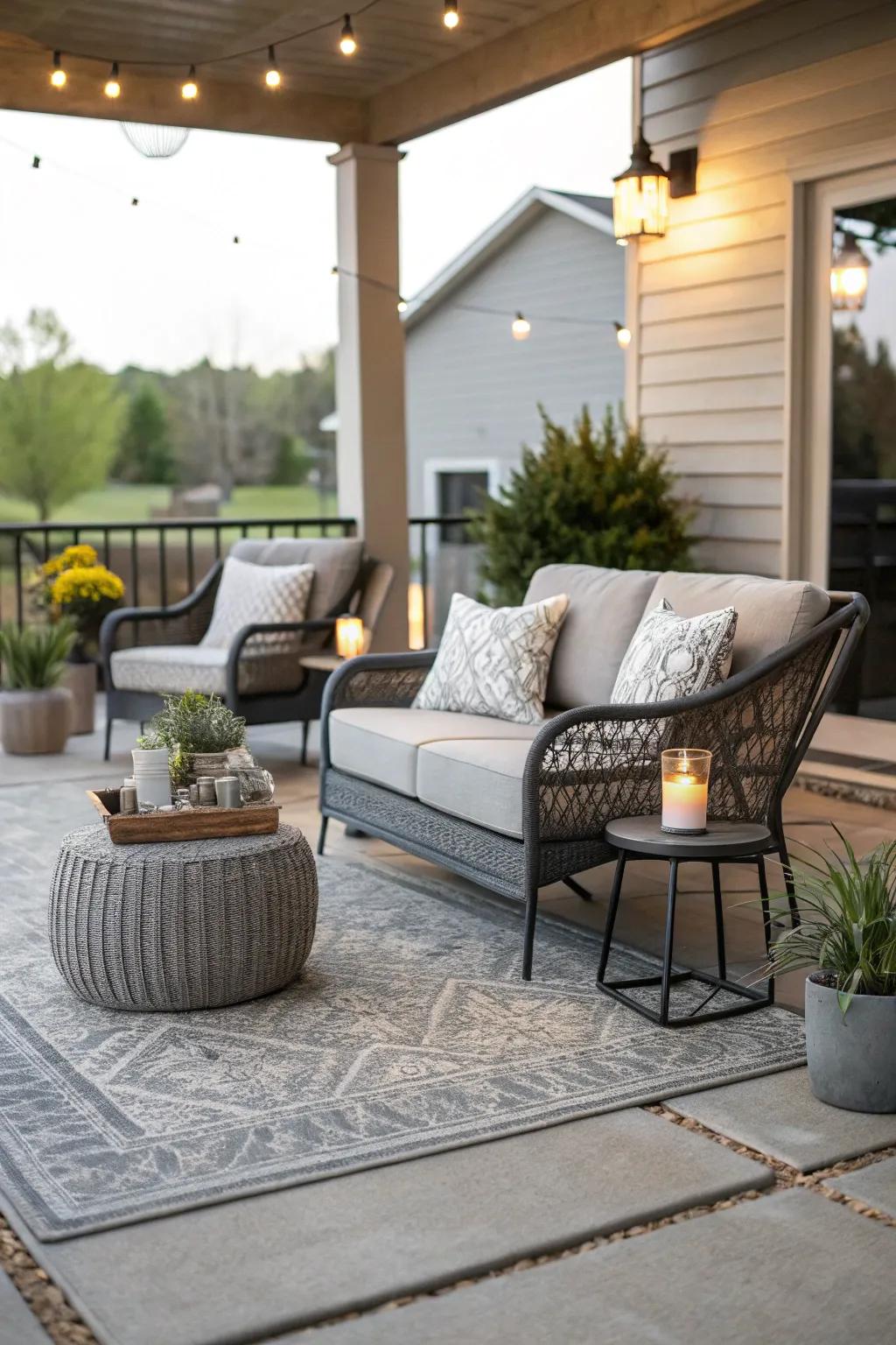 A stylish concrete patio featuring durable weatherproof furniture and chic decor.