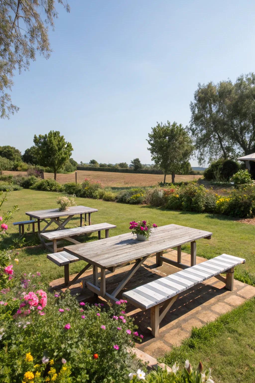 A picnic table with modular seating, adaptable for any occasion.
