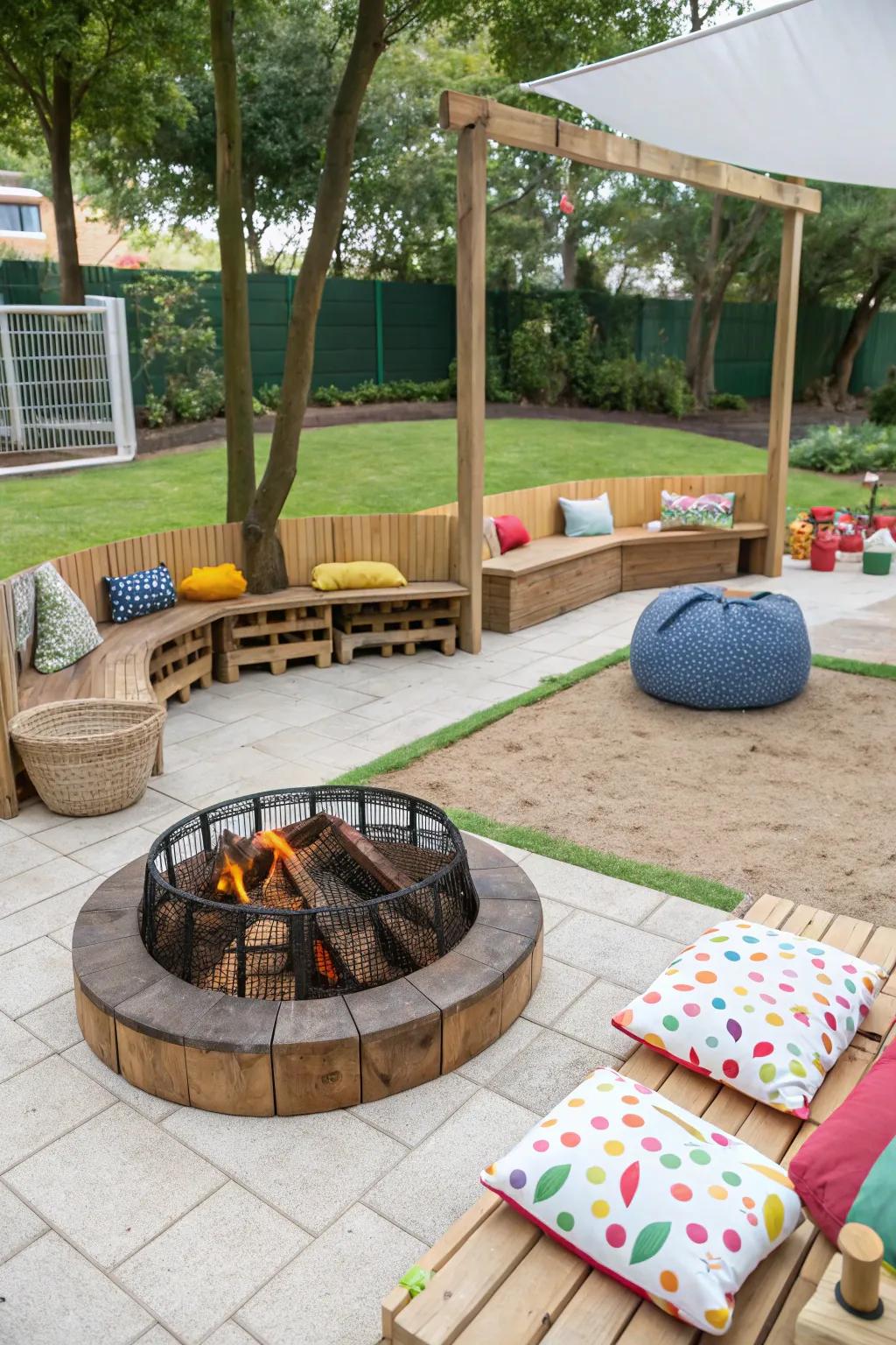 A child-friendly zone with a fire pit basket, ensuring safe and fun family enjoyment.