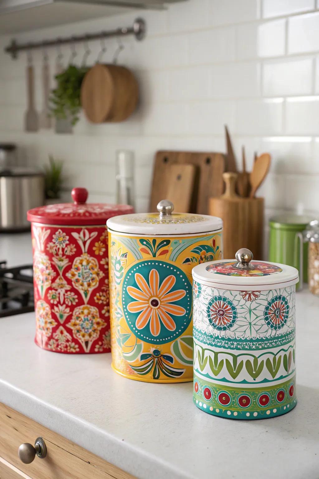 Stylish canisters provide both function and decor in the kitchen.