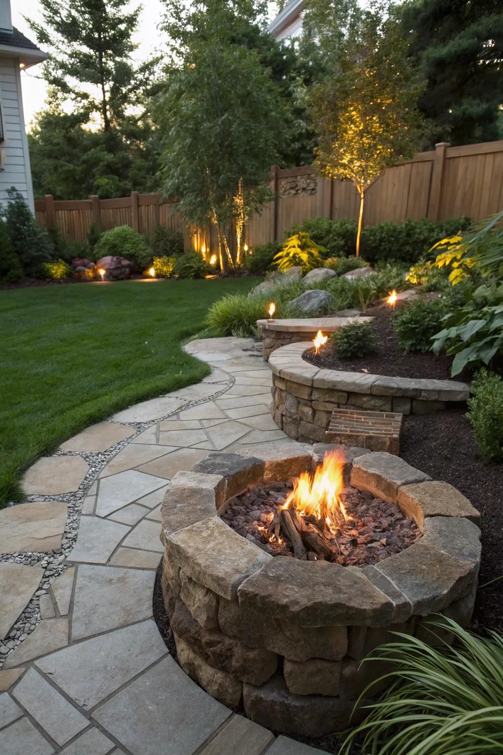 Natural gas stone fire pit offers convenience and elegance.