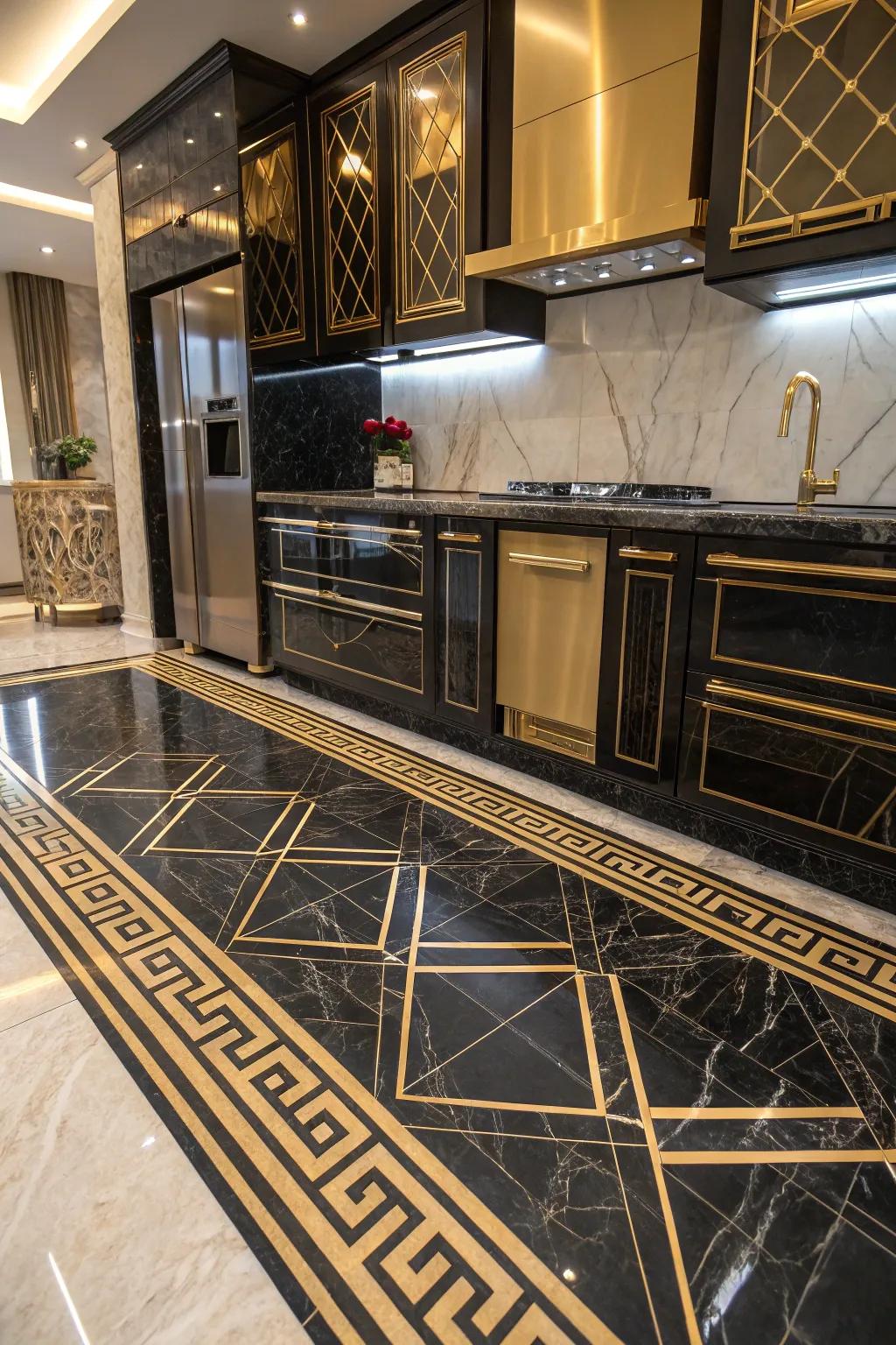 An Art Deco kitchen featuring striking black and gold marble floors.