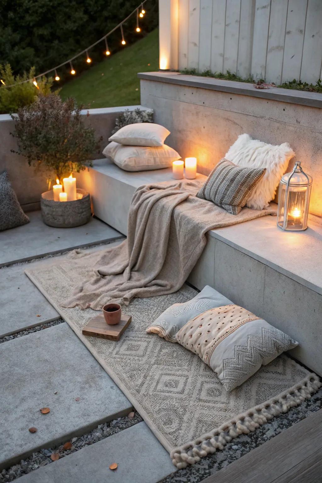 A cozy corner on a concrete patio, perfect for relaxation with soft textiles and lighting.