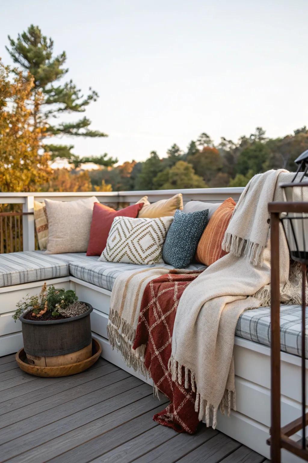 Add comfort and style with throw pillows and blankets.