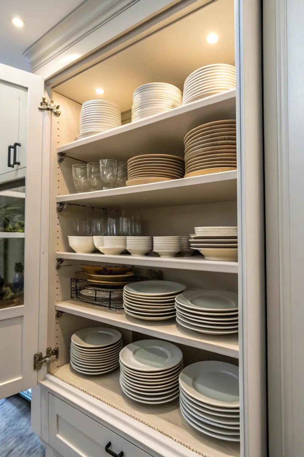 Shelf risers increase cabinet storage efficiently.