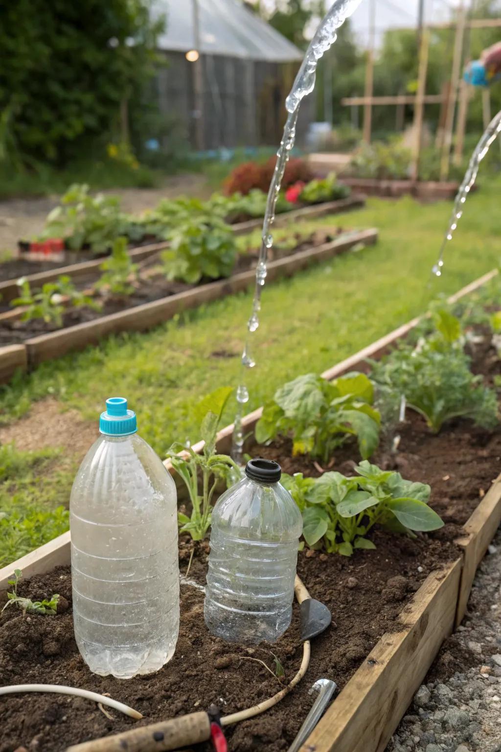 A straightforward automatic watering system employs repurposed plastic bottles.