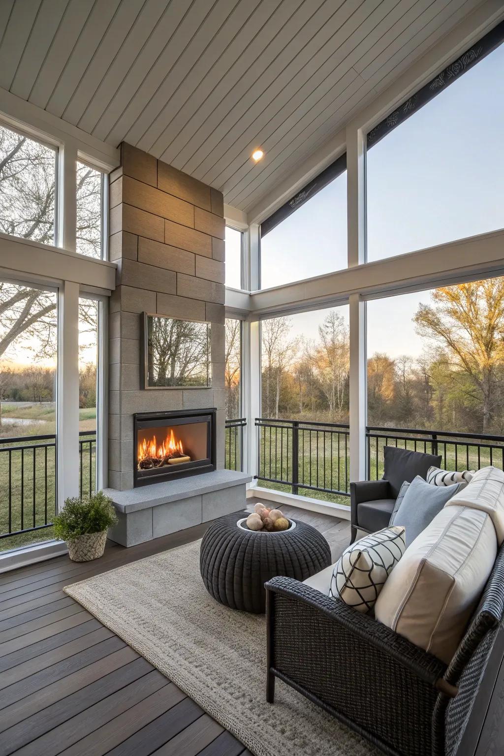 A stylish gas hearth providing warmth to the porch.