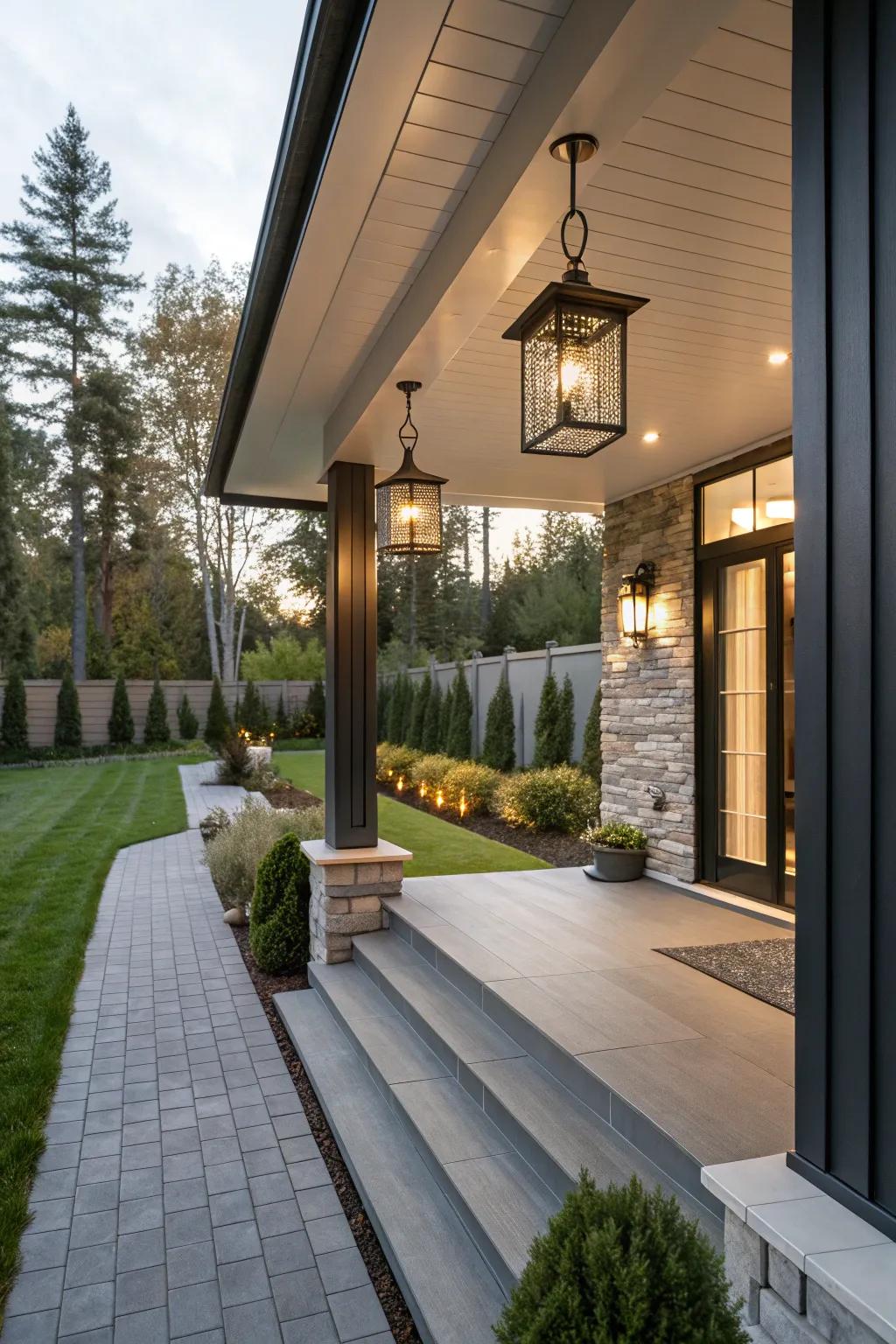 Stylish lighting enhances the modern ambiance of your porch.