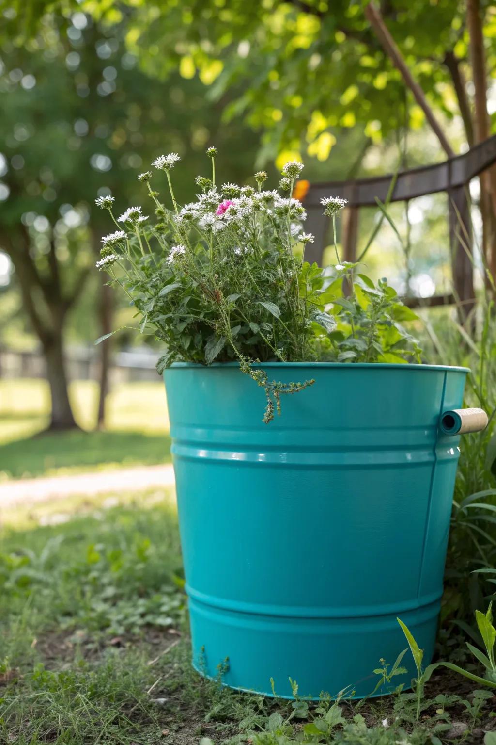 Add a touch of color and elegance with this stunning teal bucket planter, perfect for any minimalist garden.