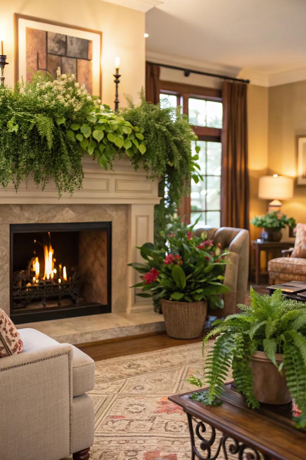 Greenery brings a sense of freshness and nature above the fireplace.