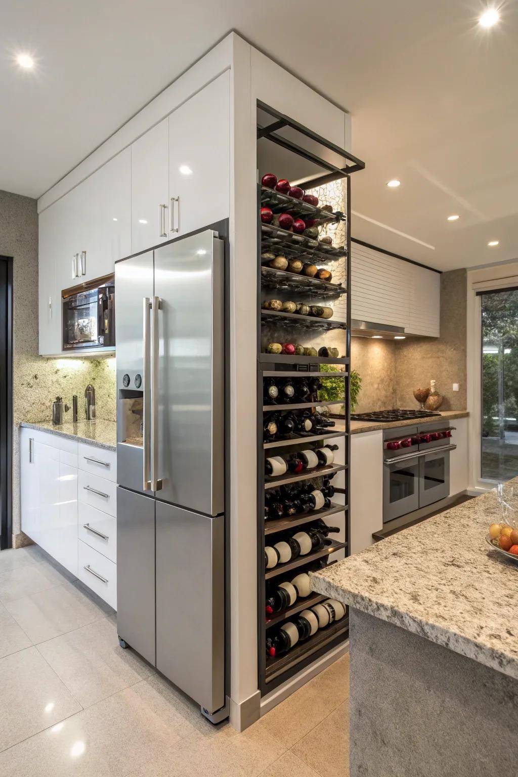 A wine rack above the refrigerator becomes a stylish focal point.