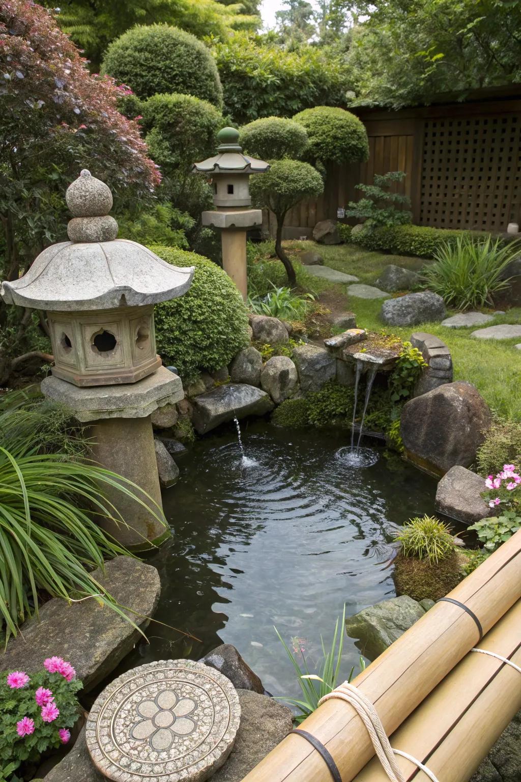 Japanese garden elements add serenity to this above-ground pond with a waterfall.