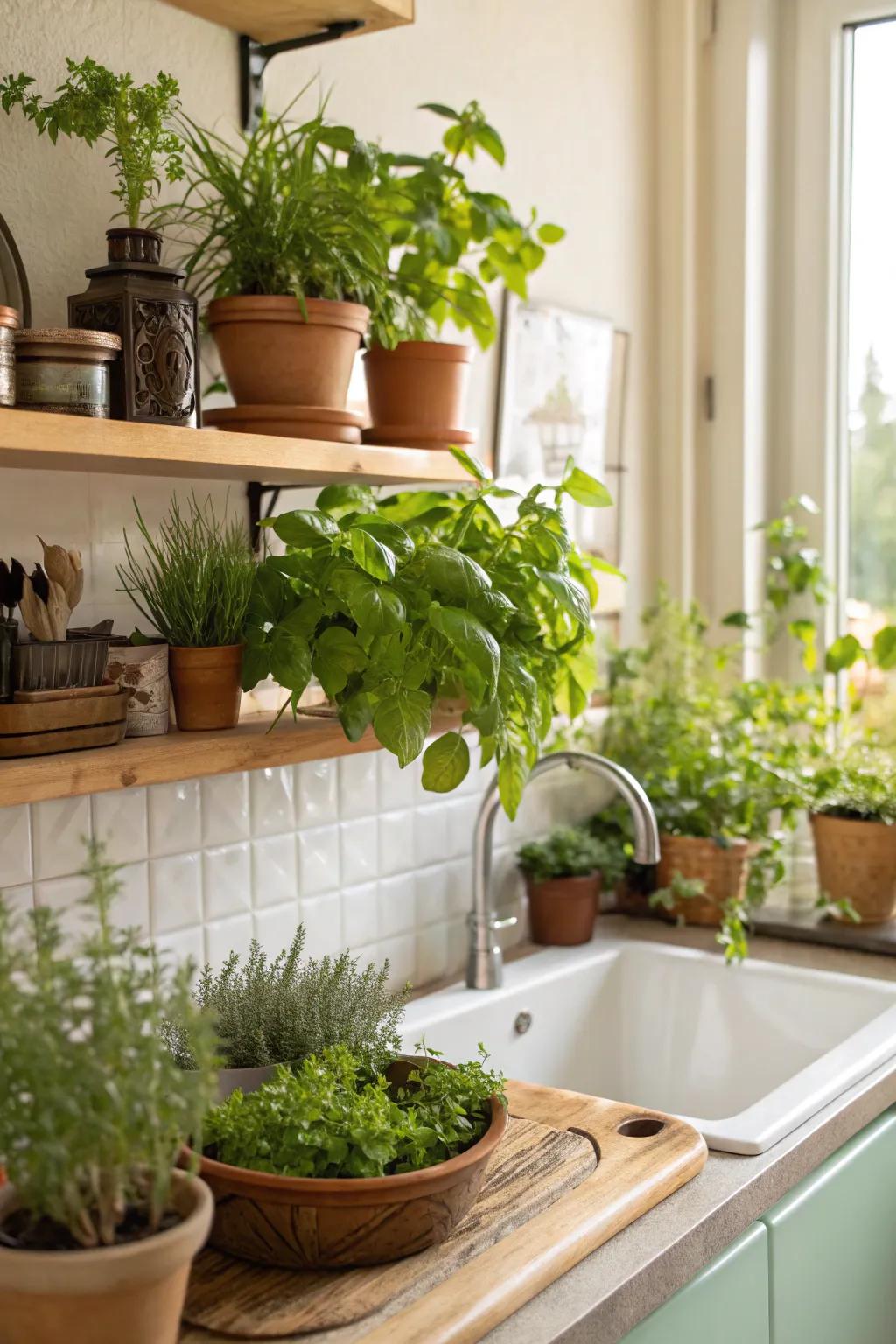 Greenery adds freshness and life to kitchen spaces.