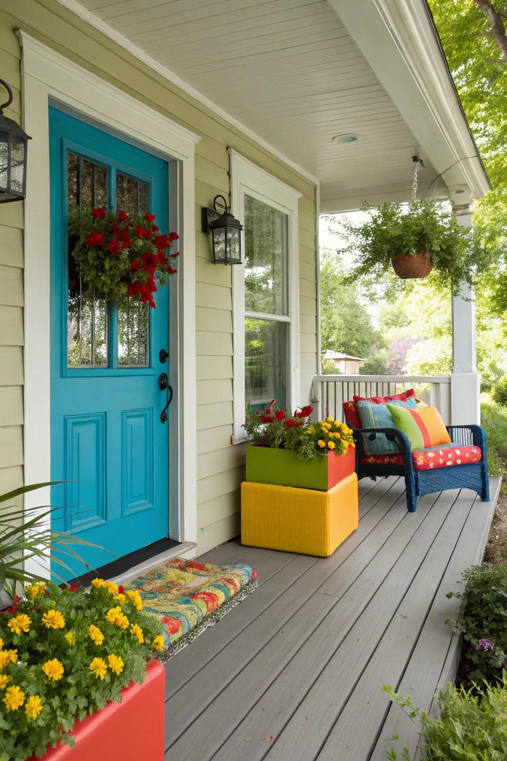 A vibrant front porch with a cheerful color palette.