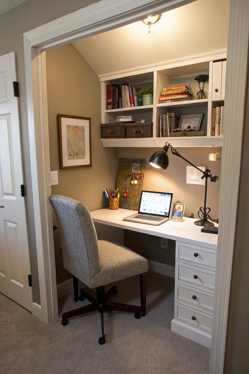 A functional home office snugly situated within an alcove.