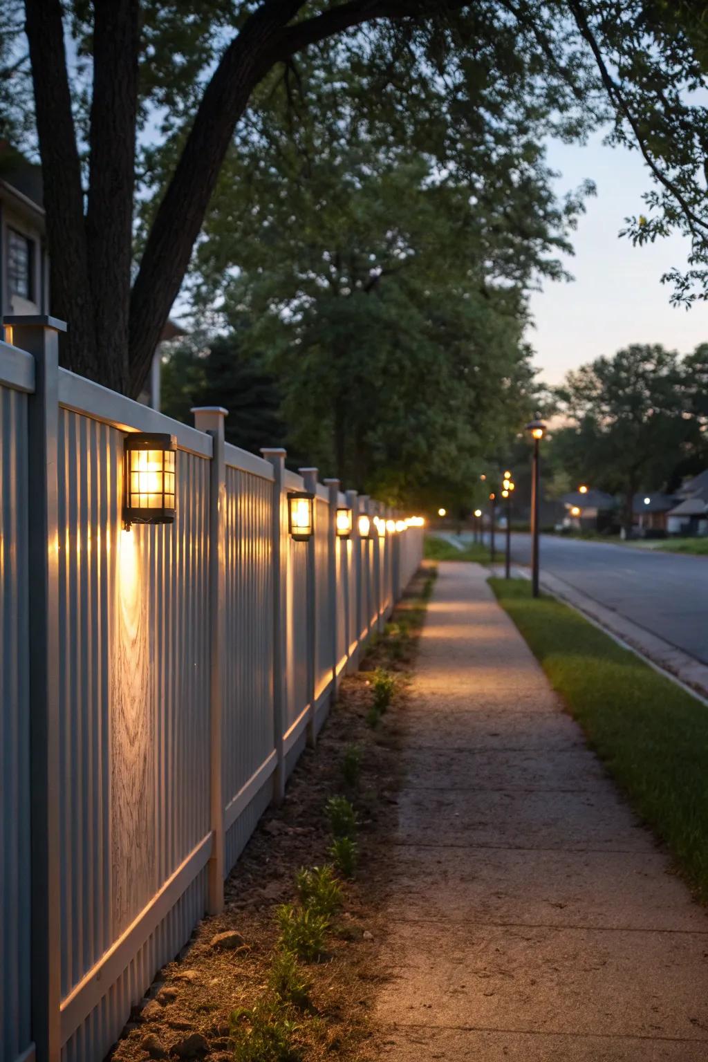 Decorative lighting casts a warm glow, enhancing the ambiance around an aluminum fence.