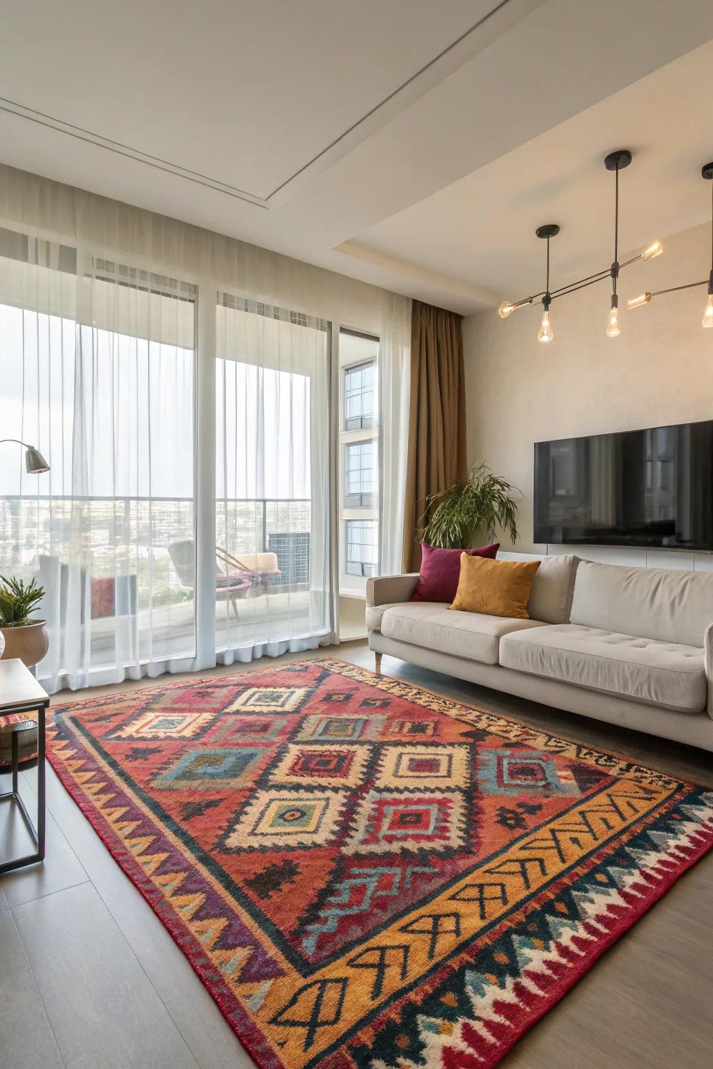 Use statement rugs to create visual boundaries between your living and sleeping areas.