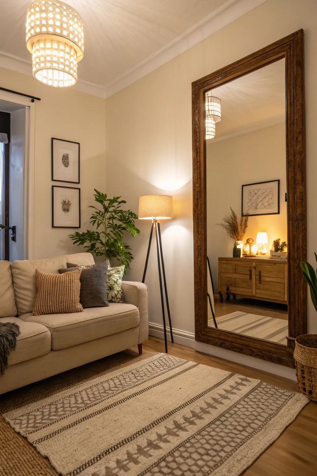 Strategically placed mirrors heighten the perception of spaciousness within a modest living room.