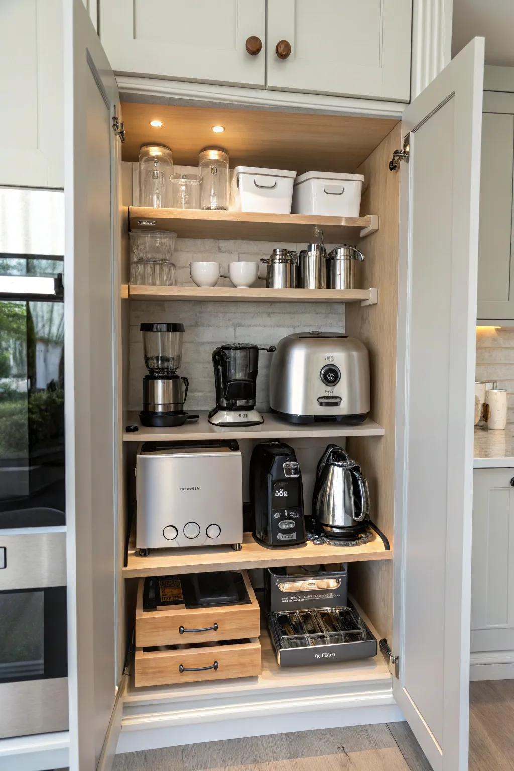 Glide-out shelving enables easy access to kitchen devices, improving both practicality and organization.
