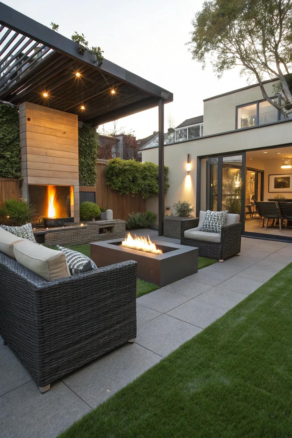 A modern patio seamlessly combined with artificial grass.