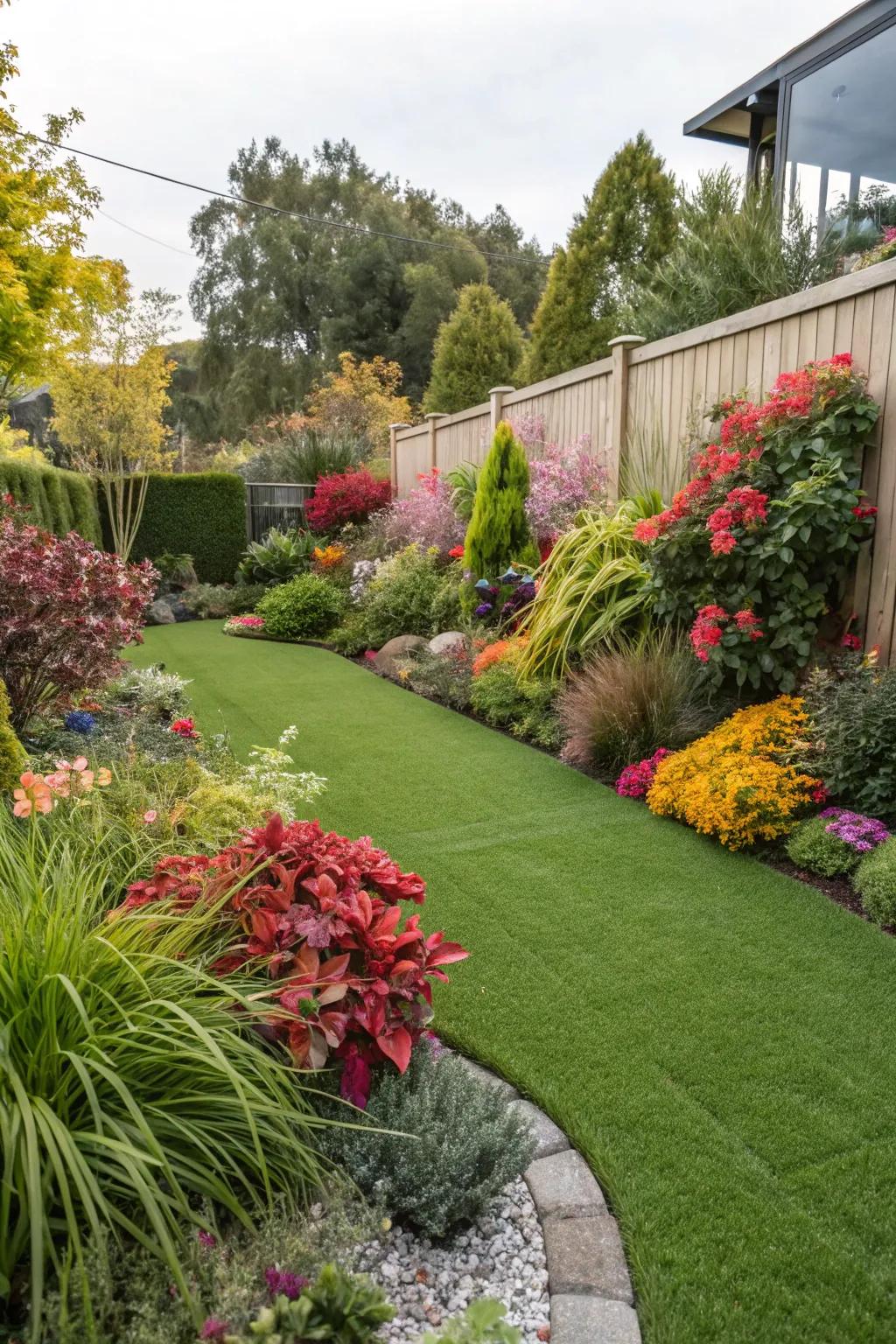 Real plants contribute lively contrast to synthetic turf.
