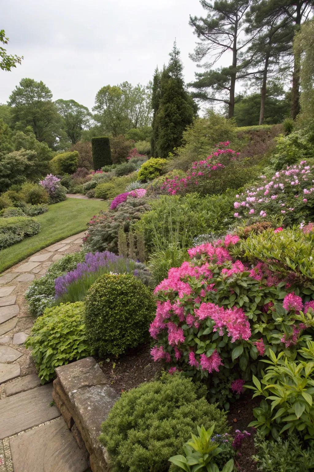Layered plantings with azaleas adding depth to the garden.