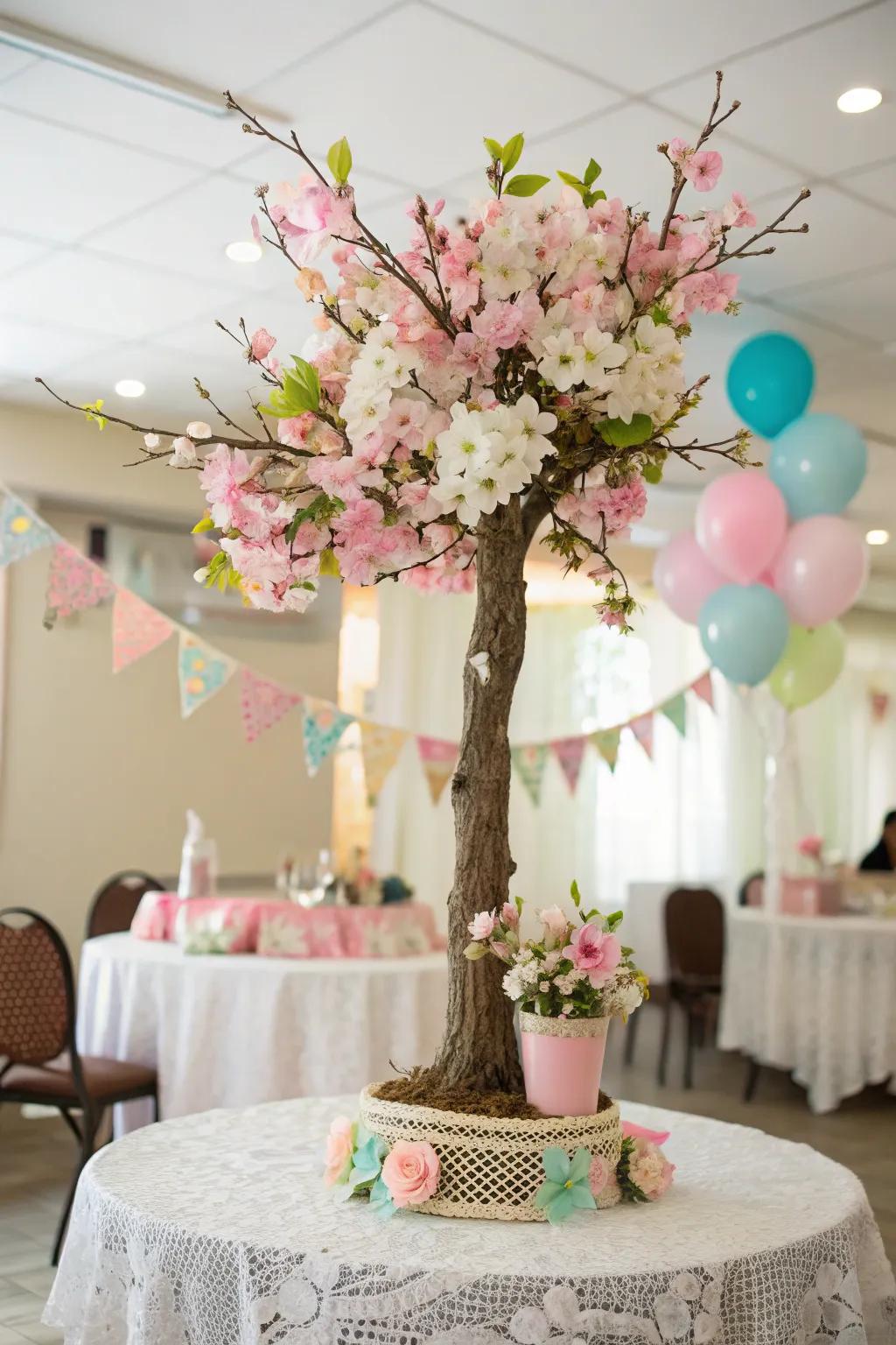A blossoming centerpiece showcasing pastel-toned blossoms.