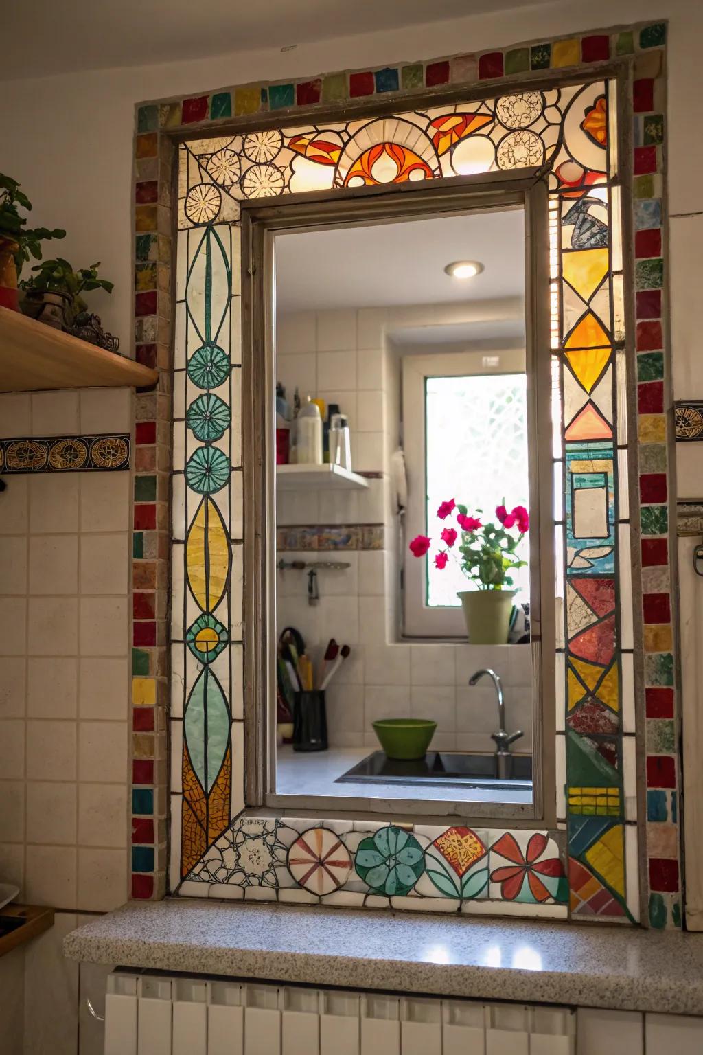 Bright detailed tiles injecting artistic flair around a kitchen window.