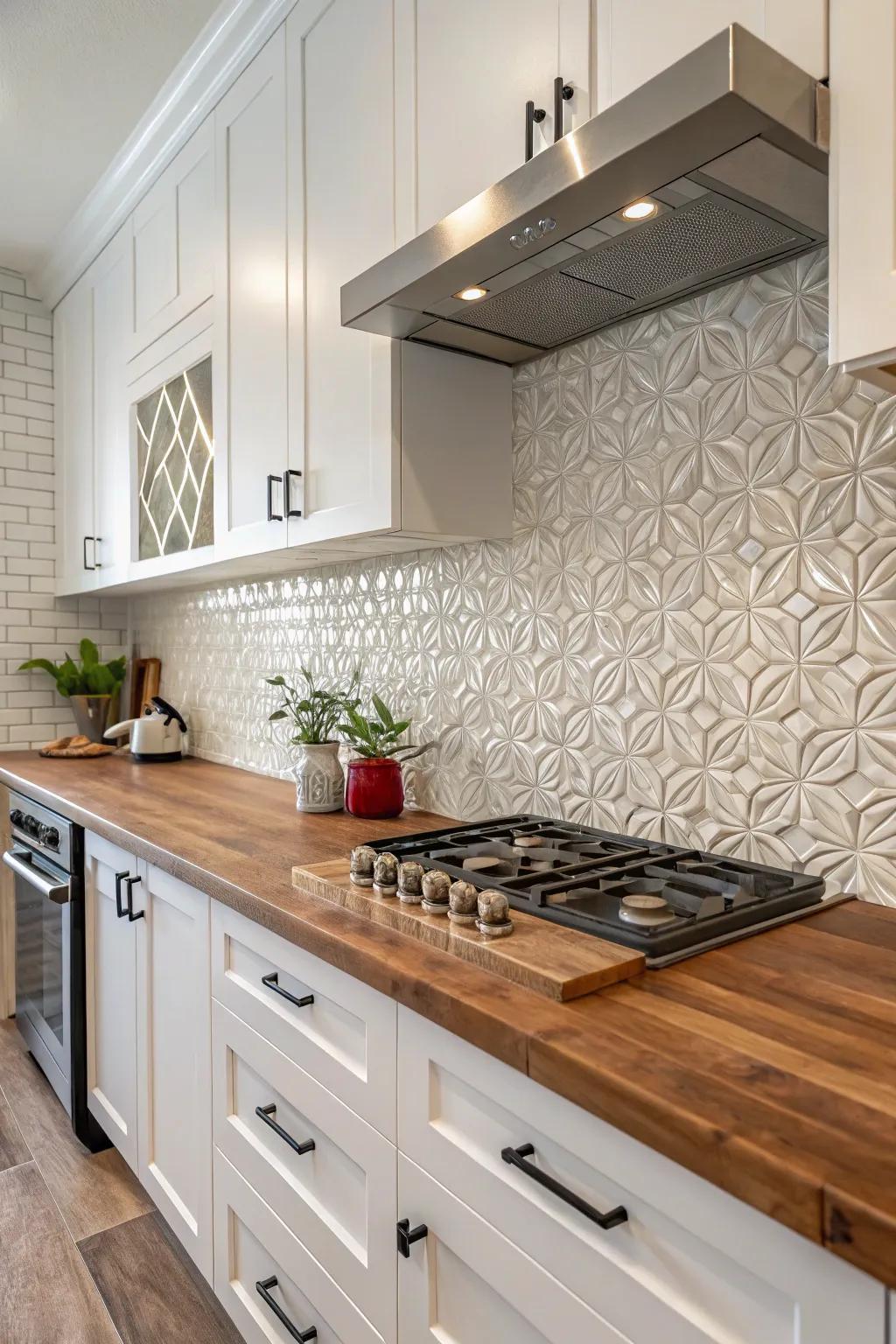 Add richness with layered wall coverings against cozy wood.