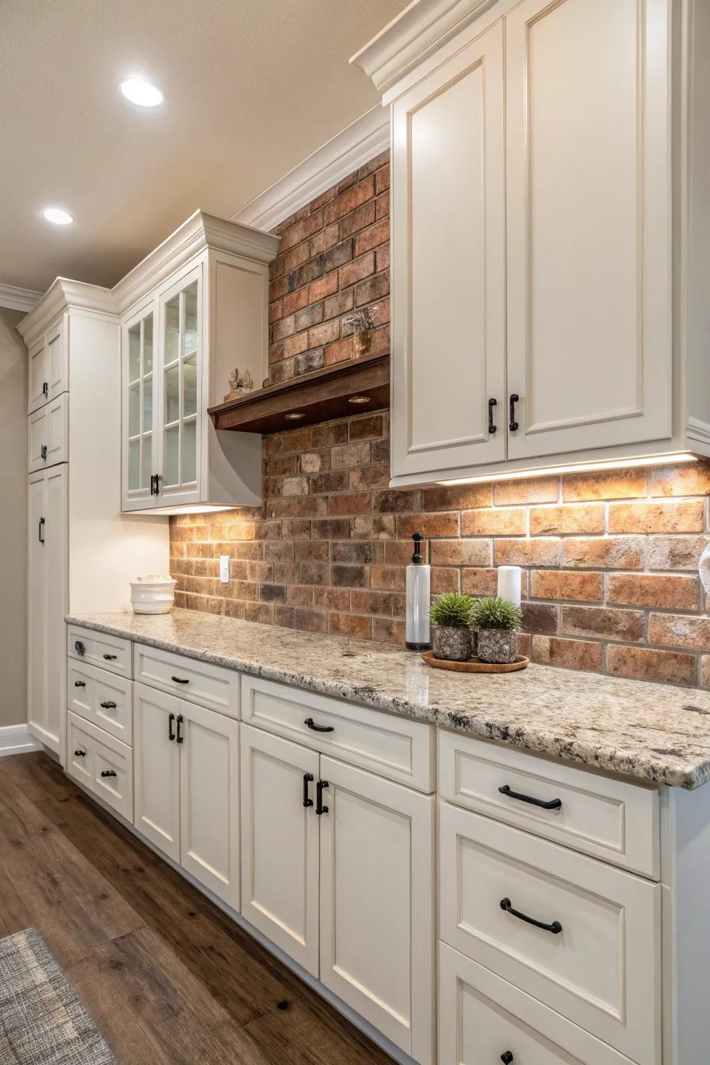 The rustic allure of a brick-style backsplash elevates the welcoming sensation of the kitchen.