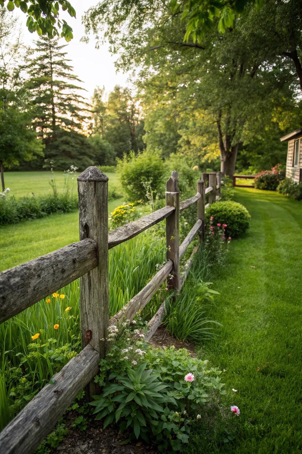 A rustic timber post and beam fence brings countryside charm to your outdoor space.