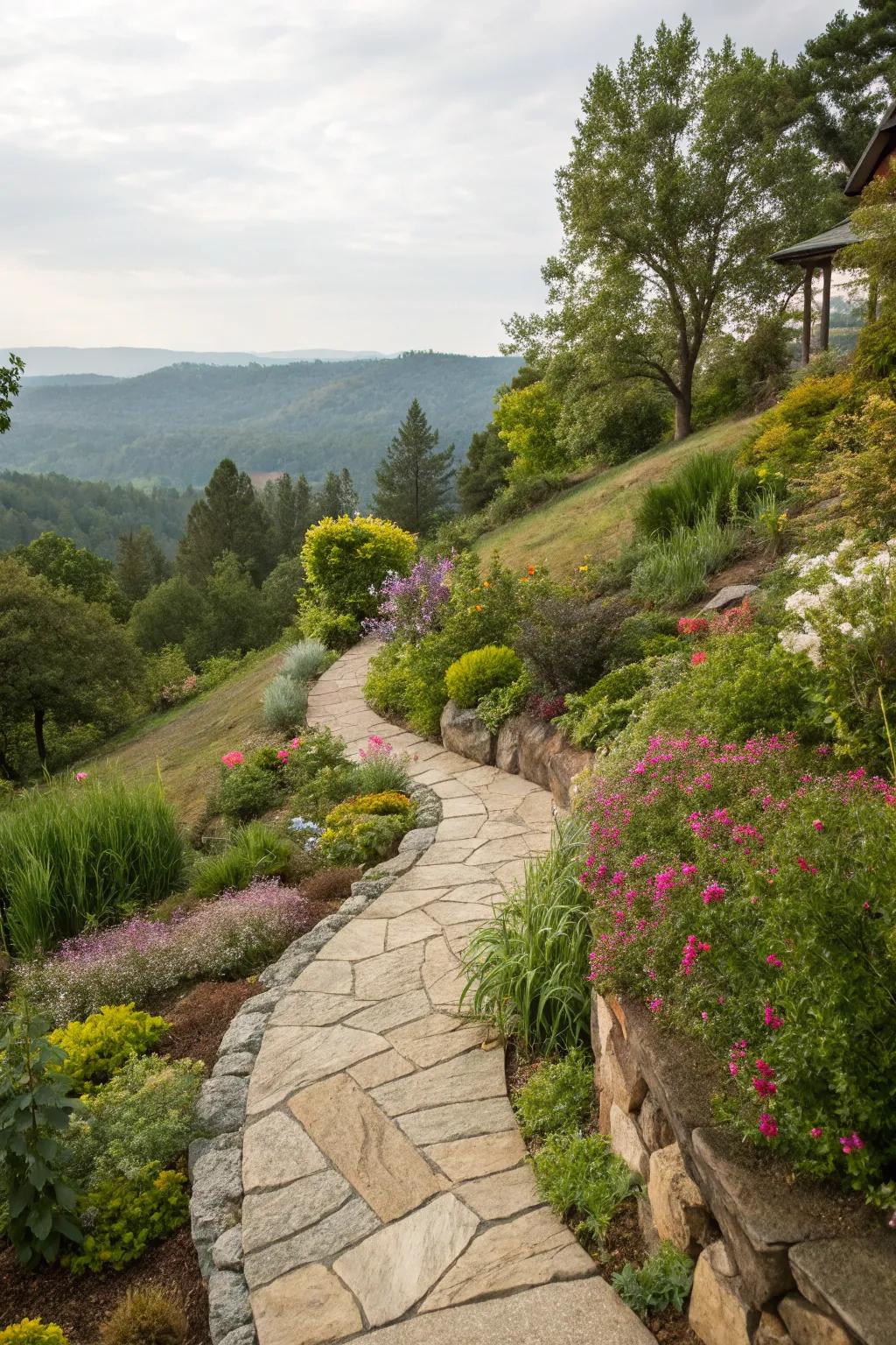 Stone pathways enhance the beauty and accessibility of your hillside.