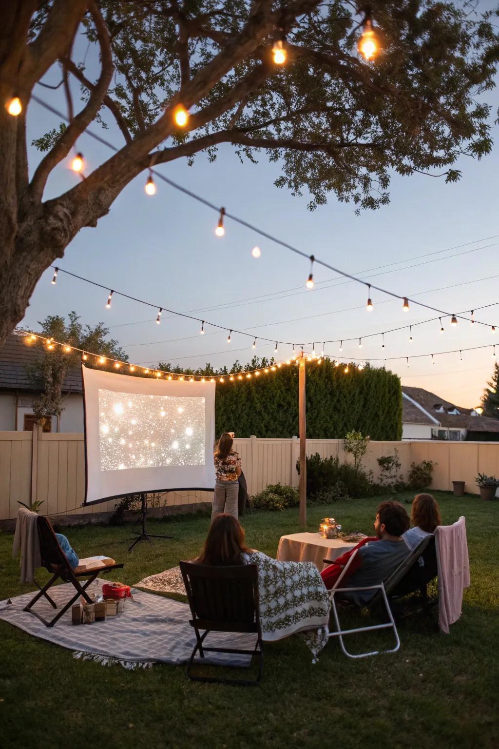 Fairy lights contribute a captivating charm to your garden cinema setting.