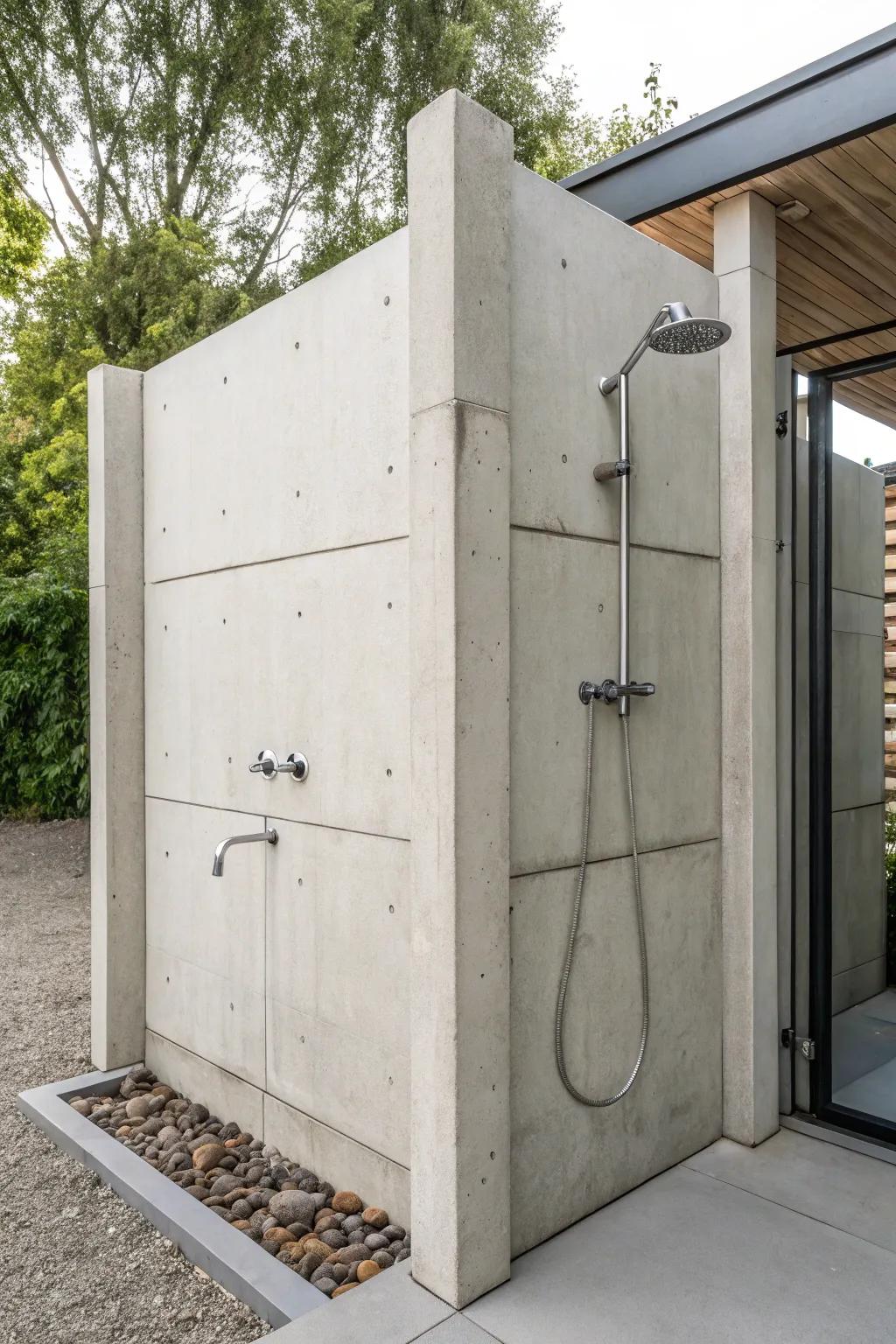 A streamlined and simple outdoor shower fitted with cement panels.
