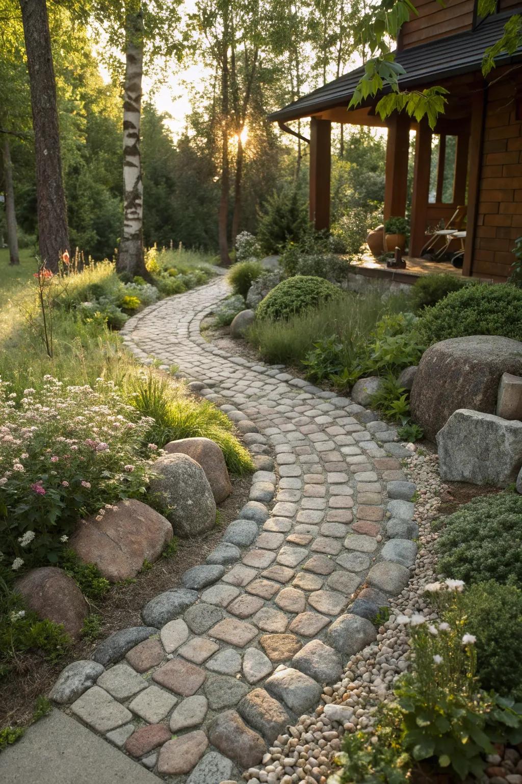 Step into rustic elegance with a charming cobblestone path that whispers tales of timeless beauty.