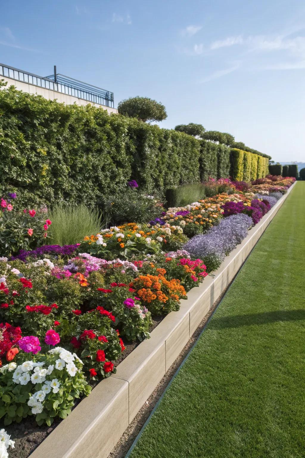 Flower beds surrounded by bright artificial grass.