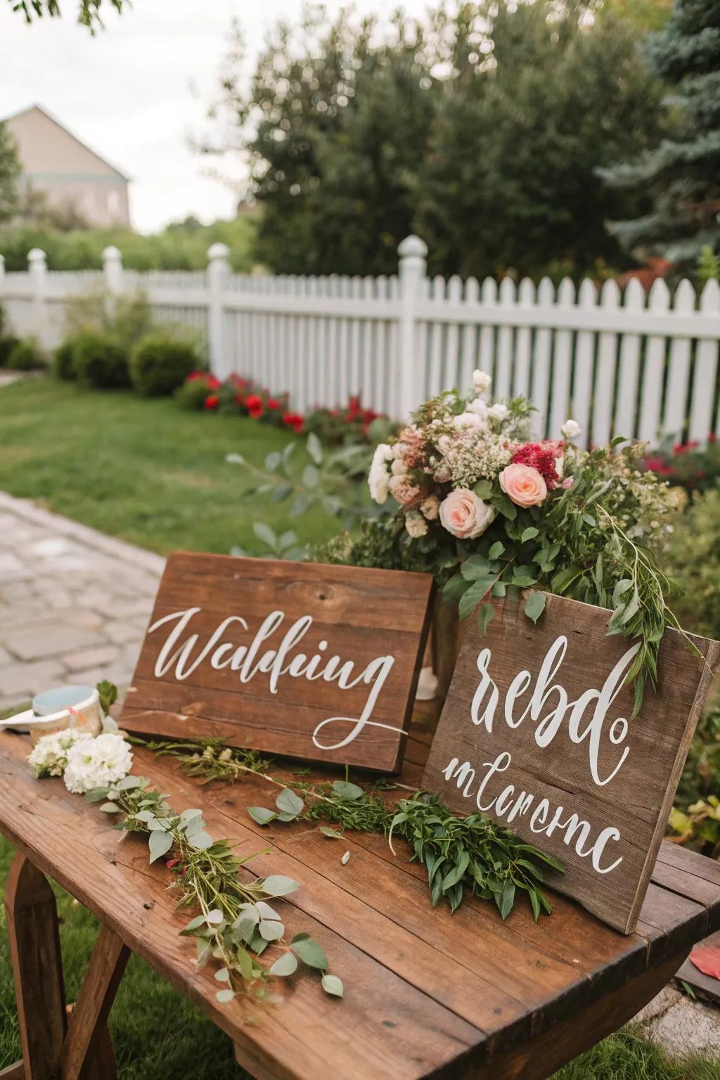 Down-to-earth timber signs provide charm and direction for wedding attendees.