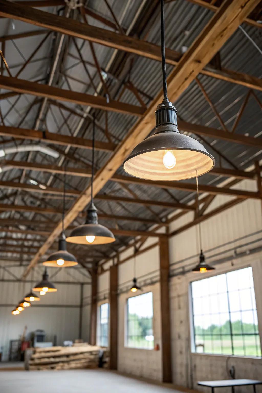 Industrial lighting enhances the rustic-industrial style.