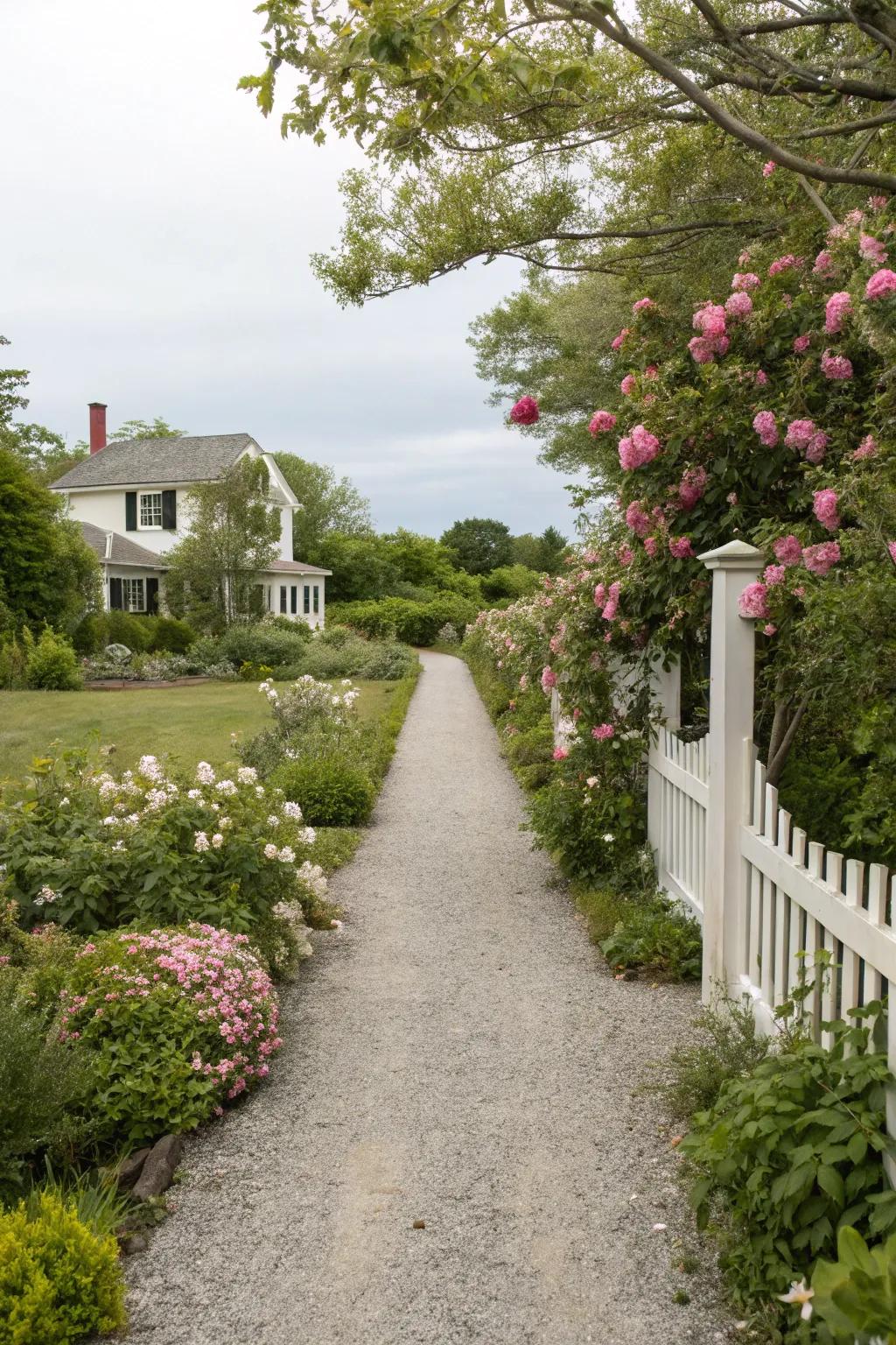 A gravel pathway provides easy navigation through the garden.