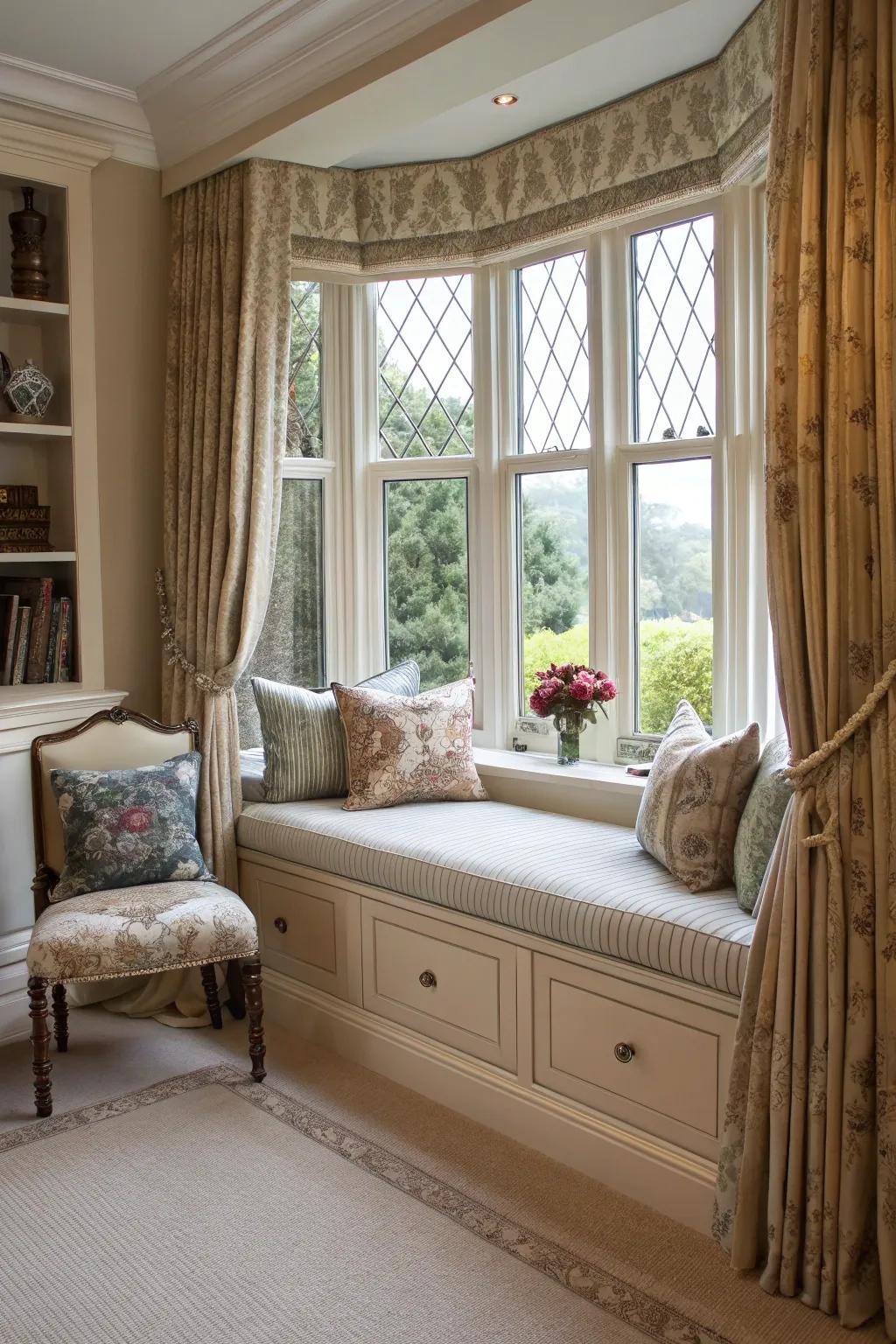 Concealed storage beneath the window seat ensures a sleek, orderly, and stylish space.