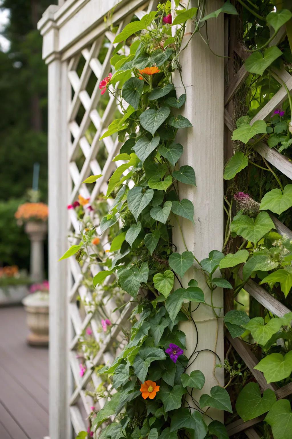 A vertical garden displaying climbing plants beautifully arranged on a decorative trellis.