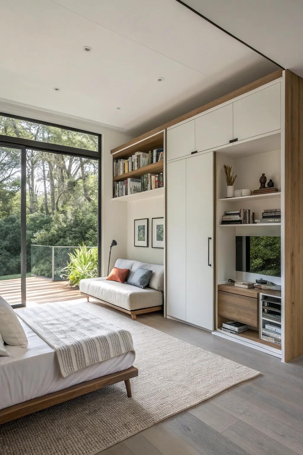 A Murphy bed offers a stylish and practical space-saving solution.
