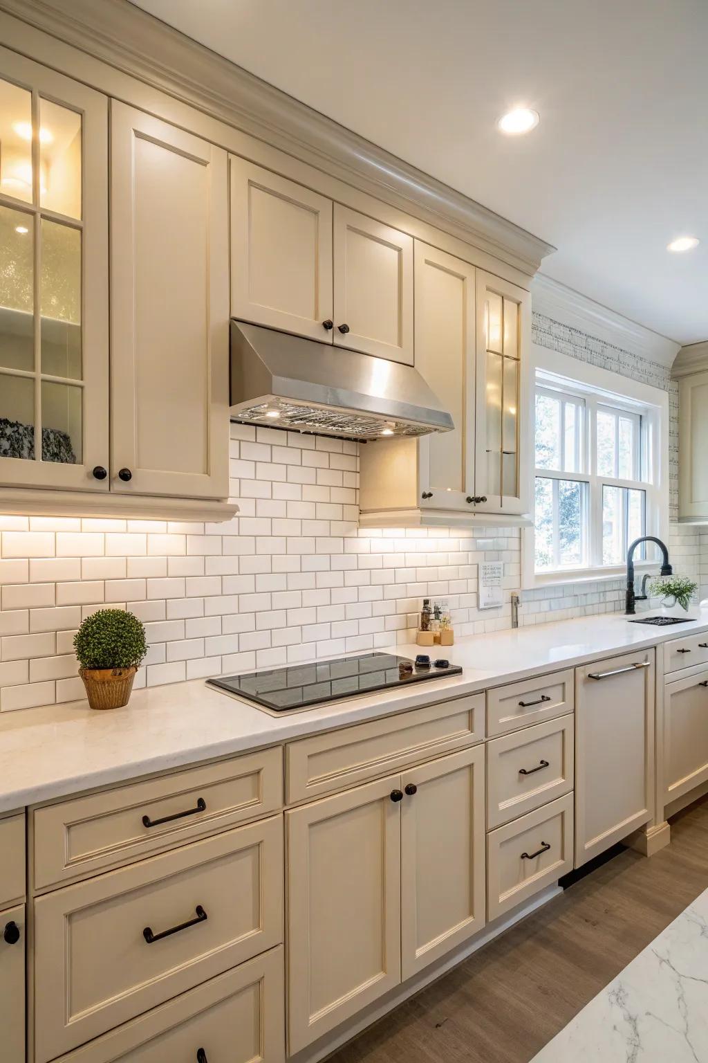 A classic ivory brick-style tile backsplash amplifies radiance to sandstone shades.