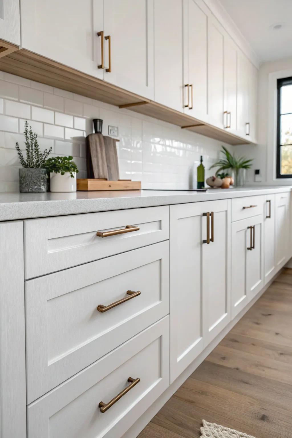 Flat bar pulls offer a minimalist touch to shaker cabinets.