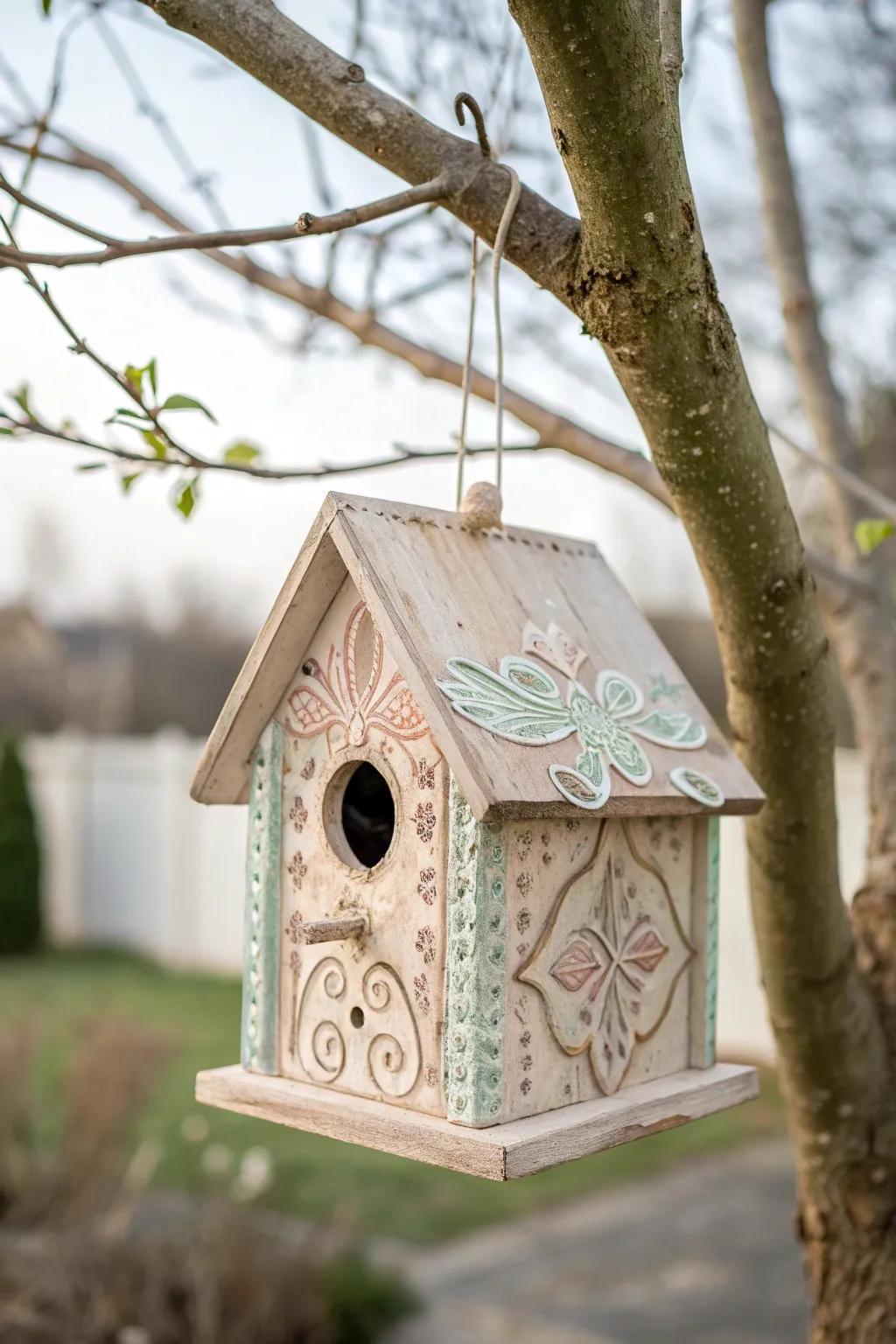 Add a touch of charm to your garden with a beautifully crafted pastel birdhouse.