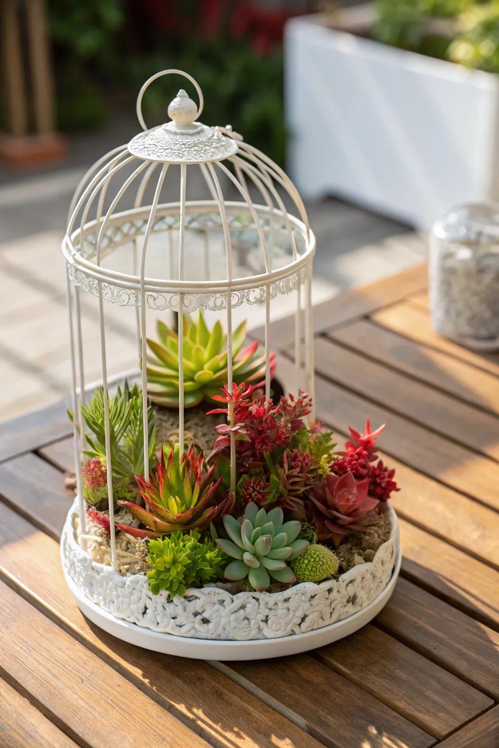A birdcage filled with succulents offers a modern twist on a classic design.