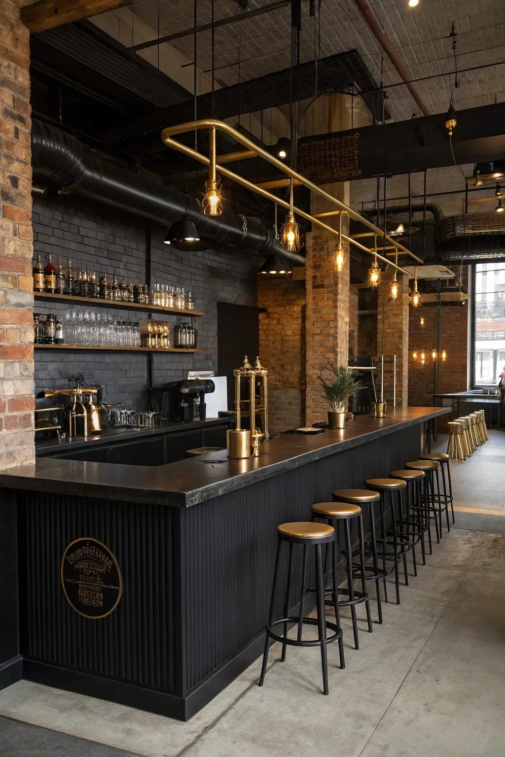 Artisanal chic with bronze details in an onyx coffee station